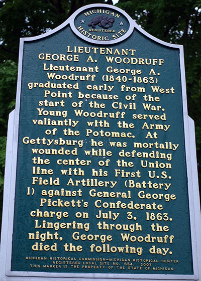 Michigan Historical Marker dedicated to George Woodruff, a Marshall resident and Michigan soldier in the Civil War. Photo ©2014 Look Around You Ventures LLC.